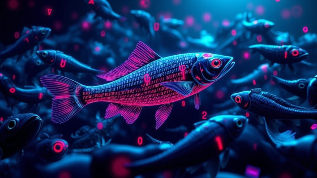Neon Binary Code Fish on Digital Riverbed
