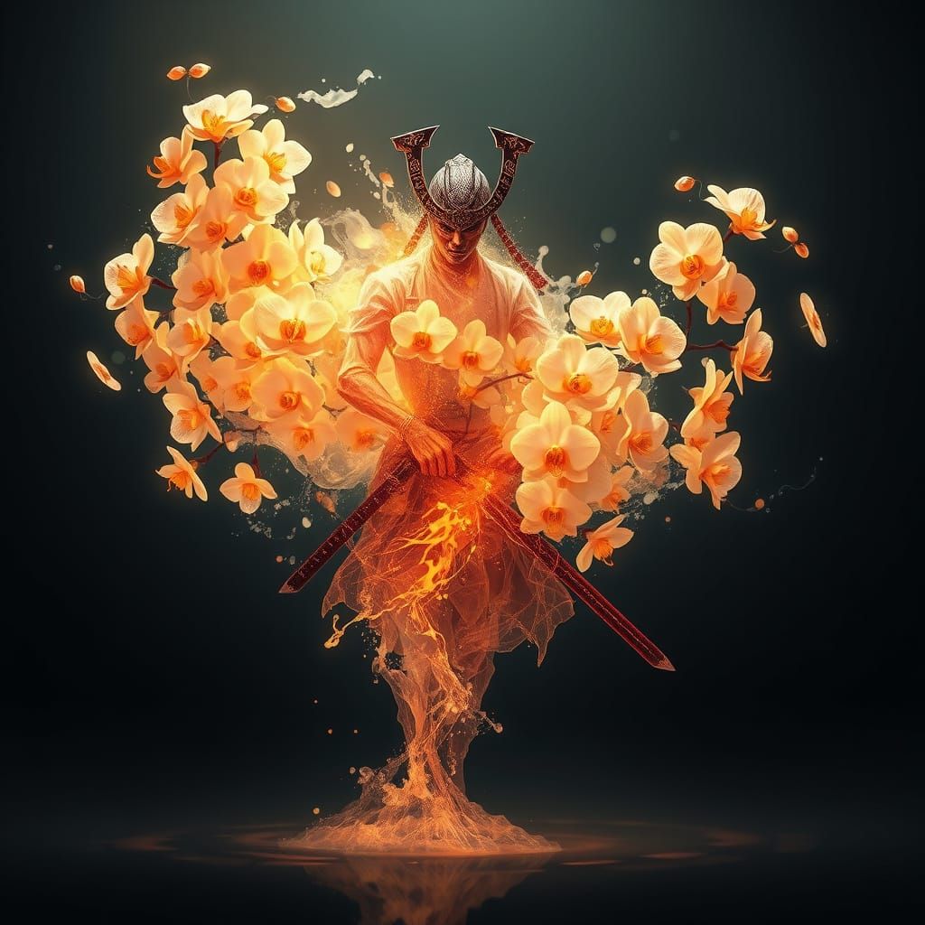 Samurai Dissolving into Ethereal Orchids in Liquid Art Style