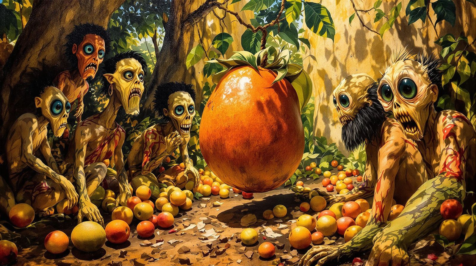 Primitive Humans & Mutants Admire Juicy Fruit in Earthy Land...
