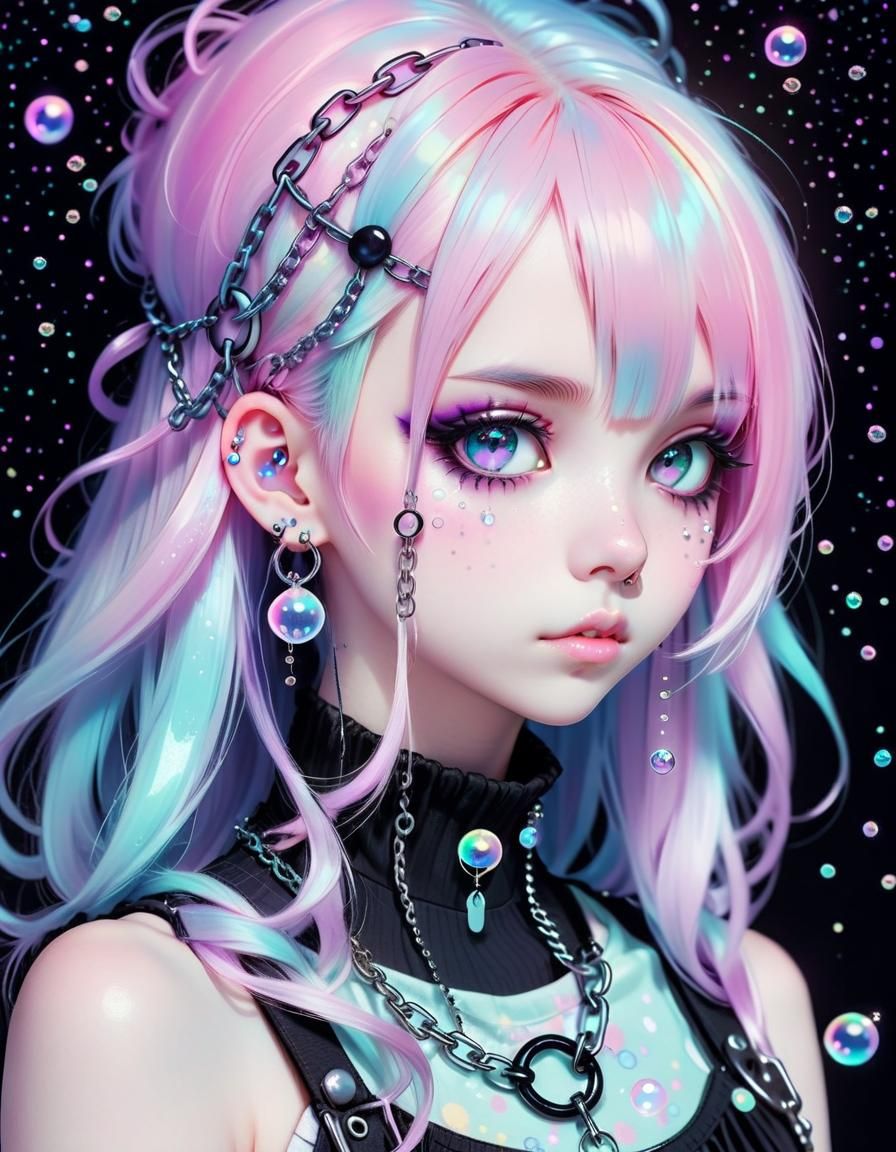 Edgy Pastel Goth Chick Anime Portrait with Sparkling Details