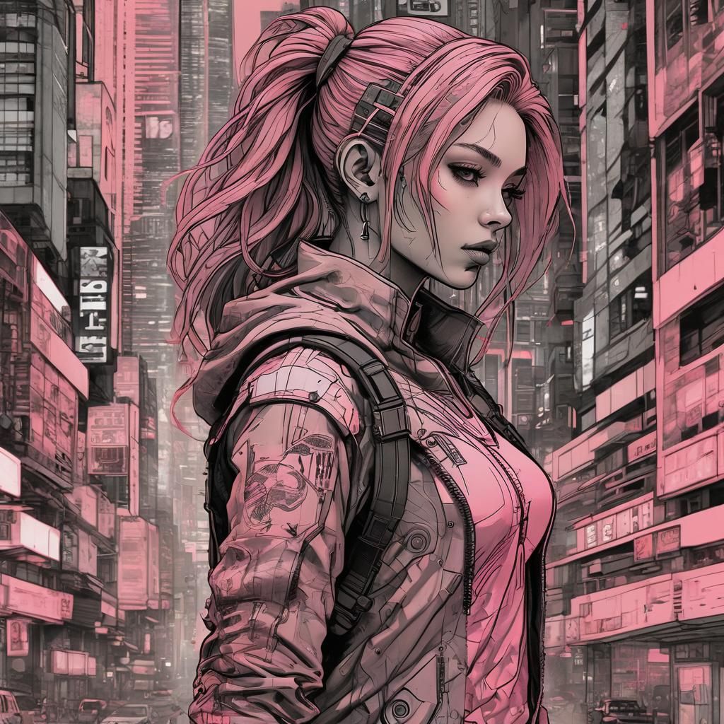 Pink Cyberpunk Cityscape in Monochromatic Ink Style