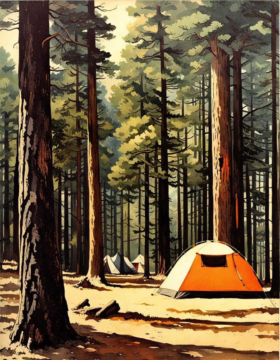 Vintage Style Postcard of Pine Forest Camping in the 1970s