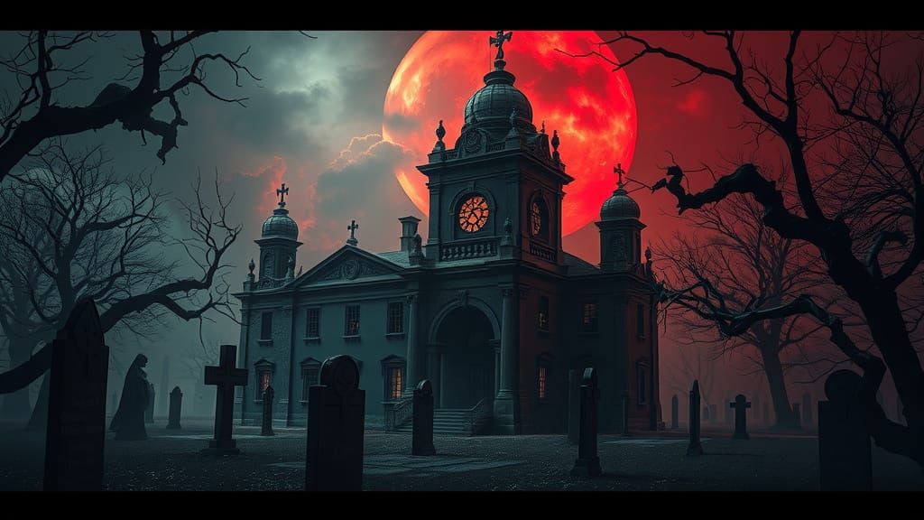 Dark Cemetery Under a Blood-Red Sky