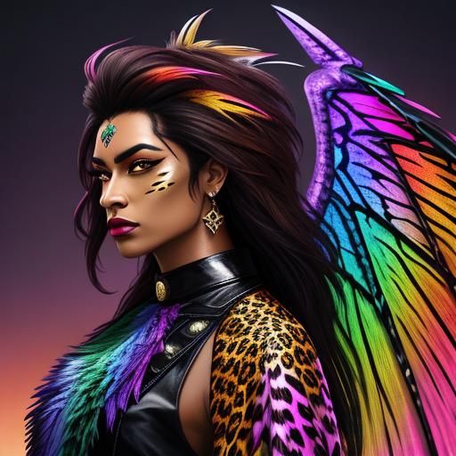 Dark Goddess with Rainbow Wings and Neon Scales