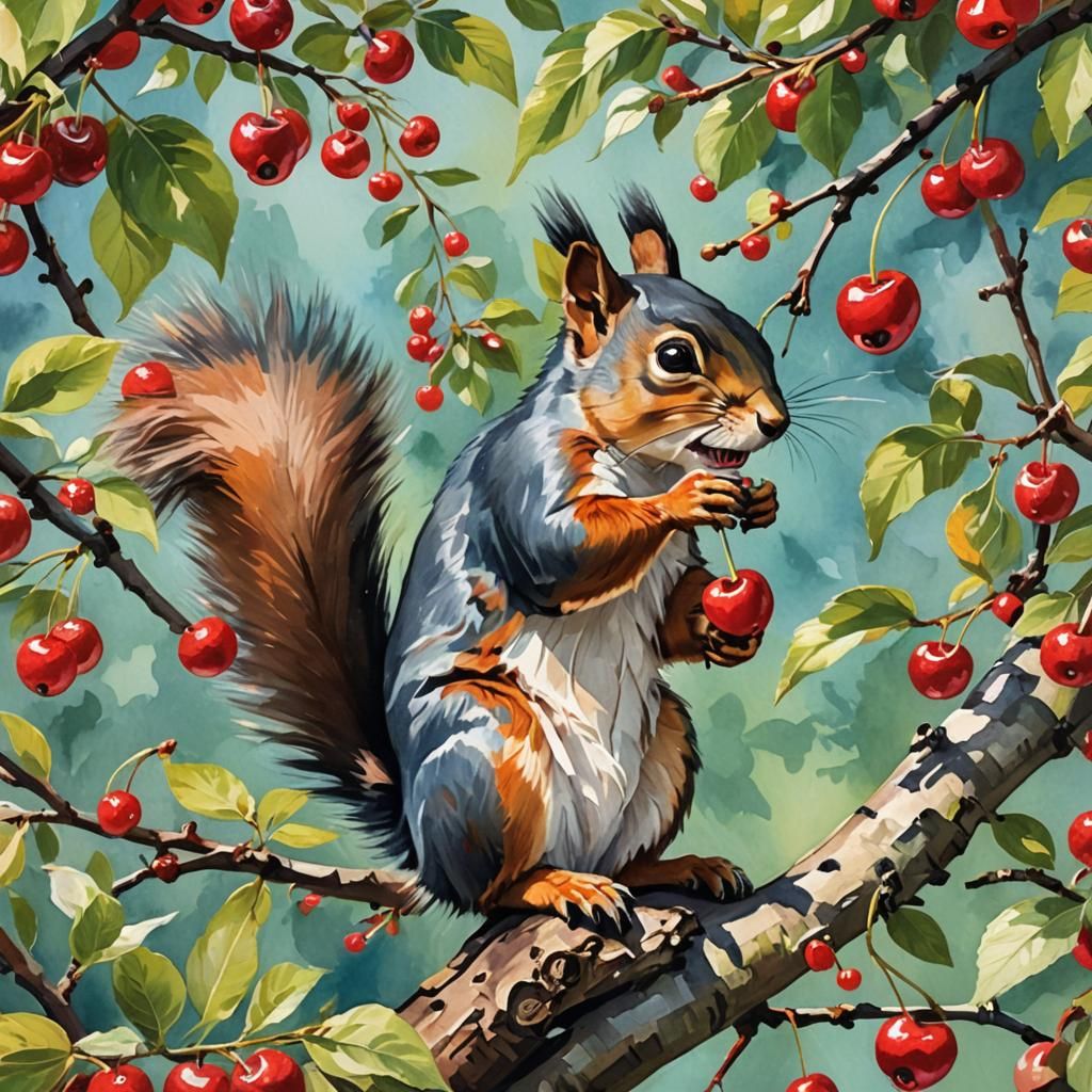 Vibrant Gouache Animal Interacting with Cherries in Epic Imp...