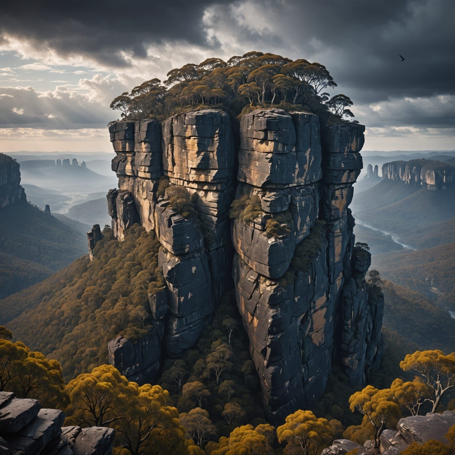 Misty Autumn Hanging Rock with Ravens
