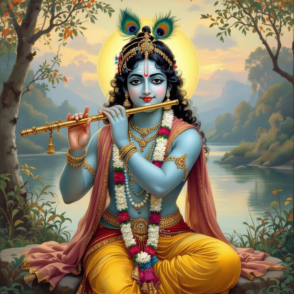 Lord Krishna Playing Flute in Serene Setting