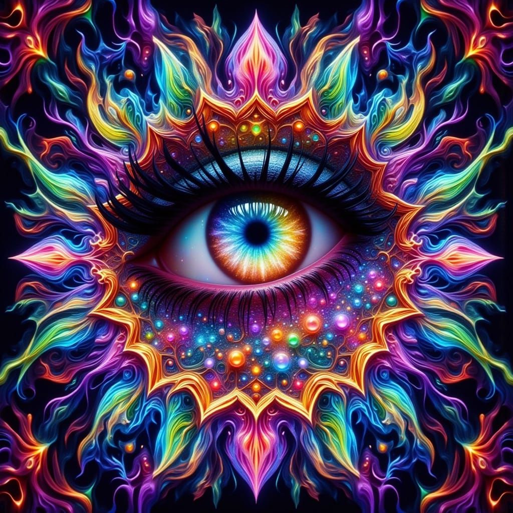 Kaleidoscopic Dreamcatcher Eye in Neon Rainbow