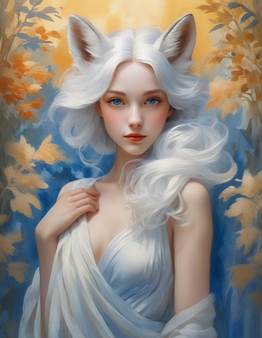 Ethereal Gouache Portrait of a Gentle Fox Woman