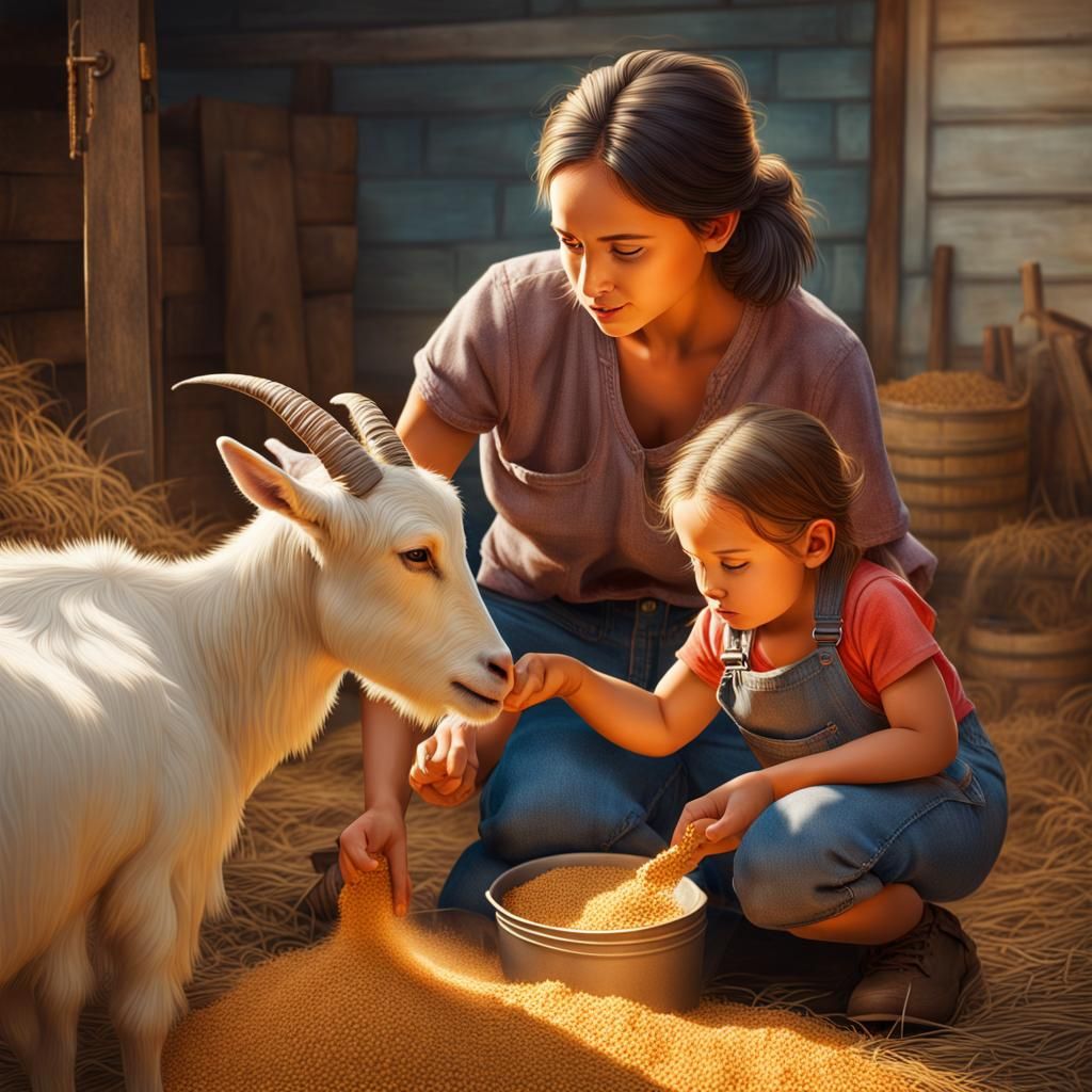 Mother Teaches Farm Girl to Feed Goats in Hyperrealistic Art