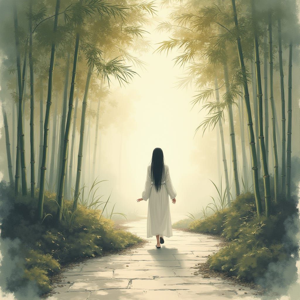 Serene Woman in Bamboo Forest: Chinese Ink Painting