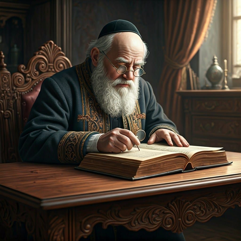 Elderly Man Reads Worn Tome in Antique Study