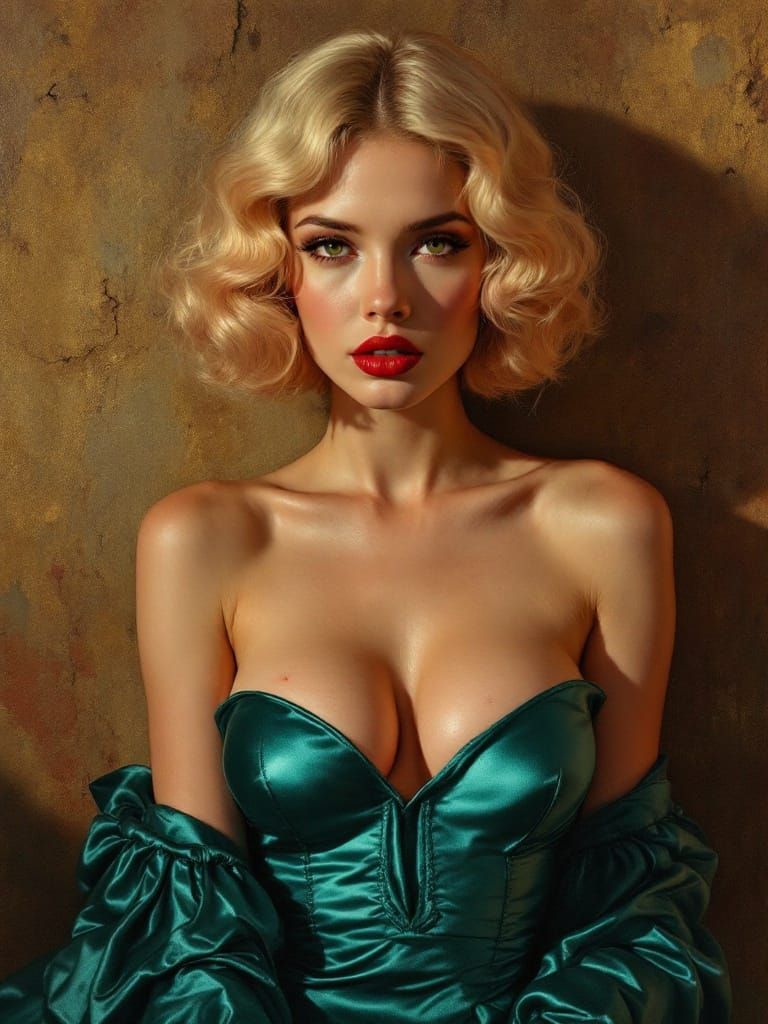 Pin-Up Woman in Cyan Dress Amidst Roman Feast Atmosphere