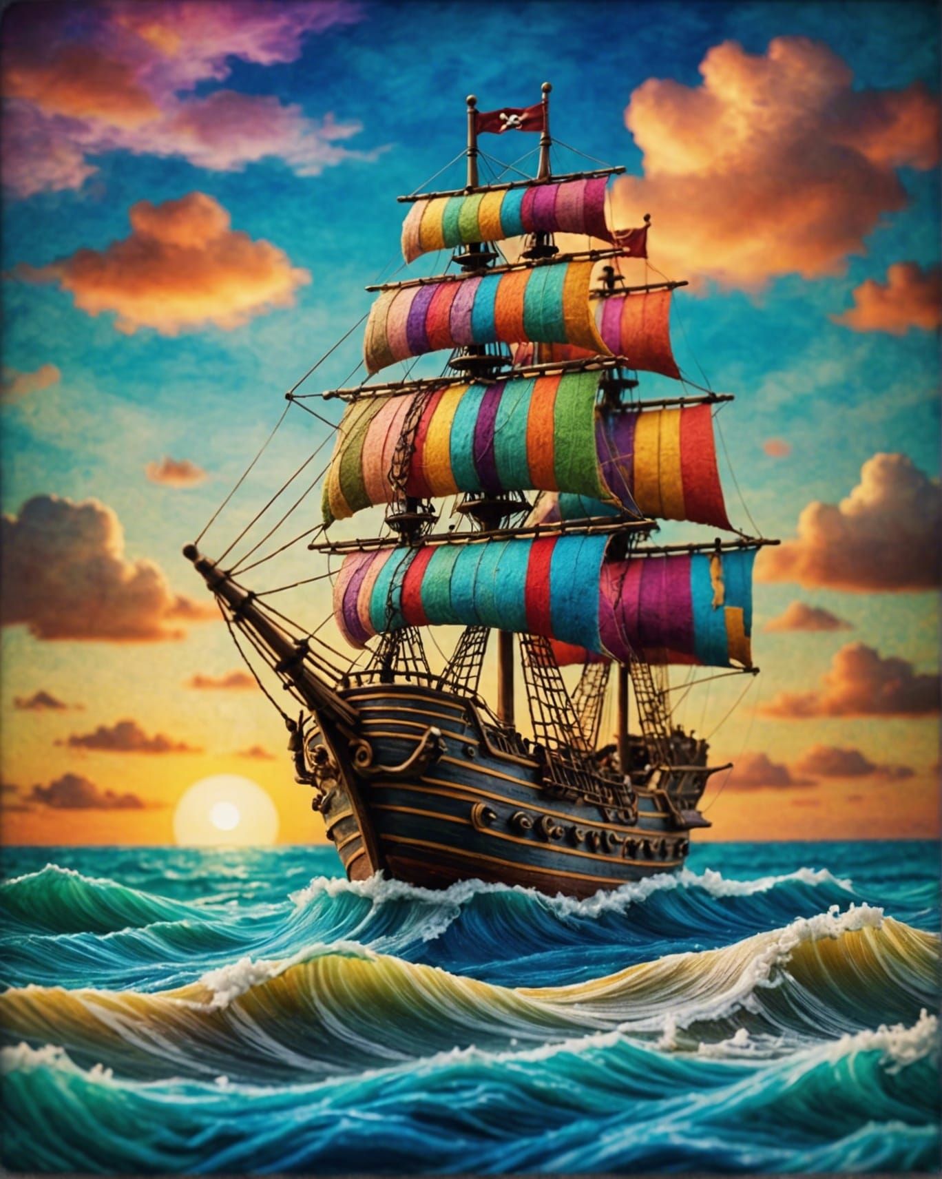Woolen pirate ship in yarn waves