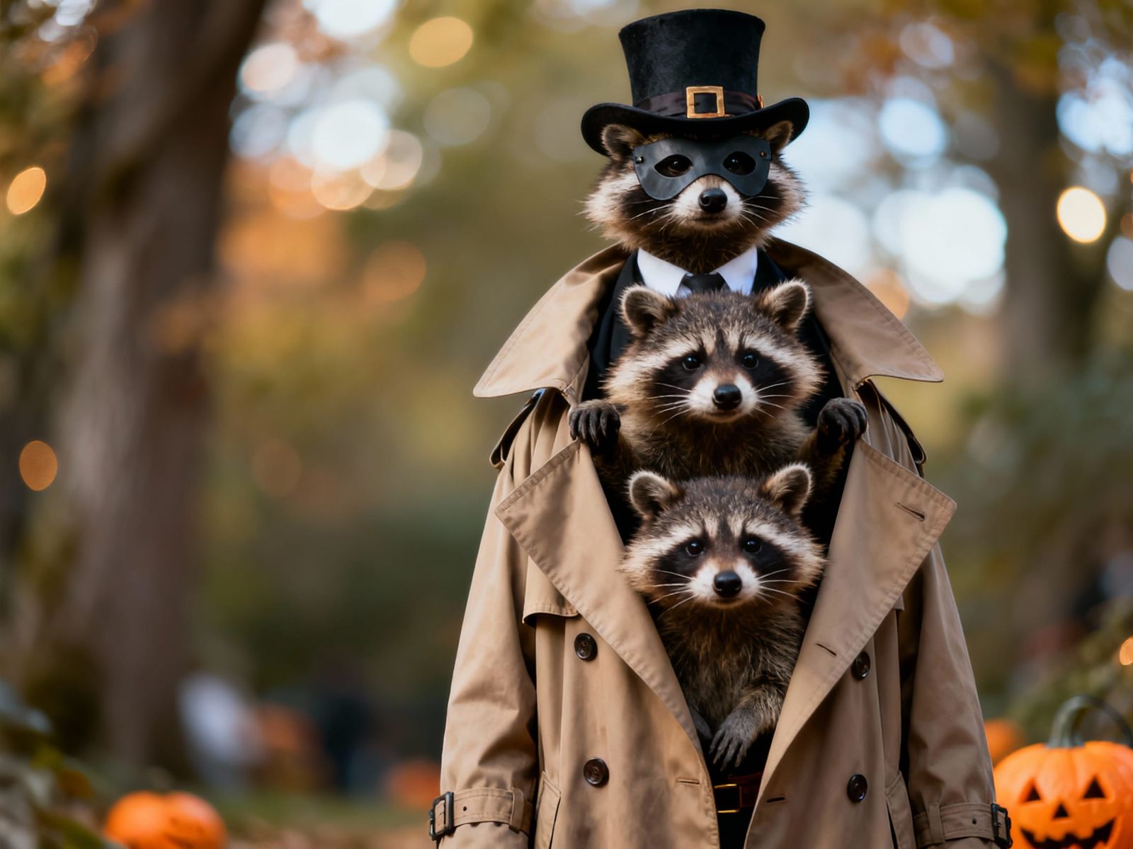 Three Raccoons in Trench Coat Disguise