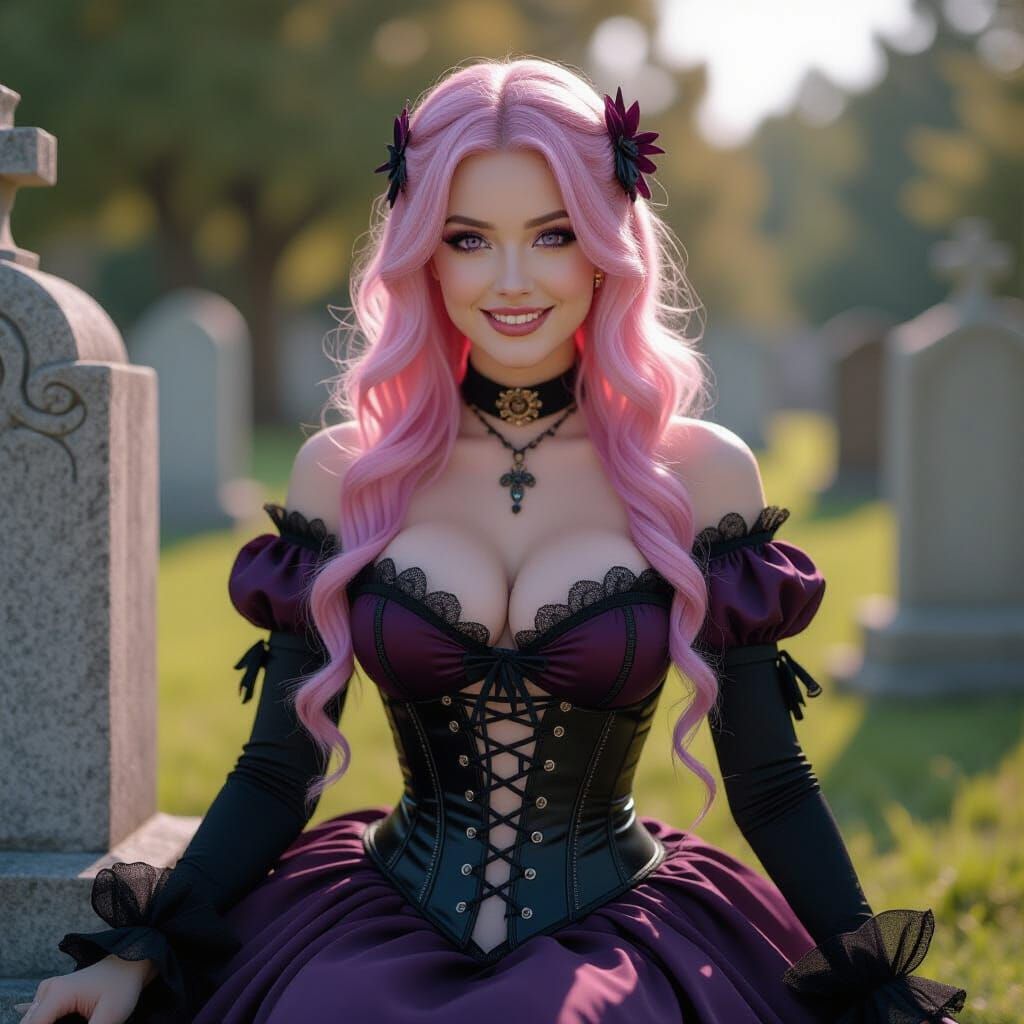 Gothic Woman on Tombstone, Hyperrealistic HDR