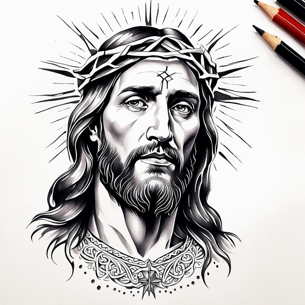 Jesus Christ Realistic Tattoo Sketch on White Background