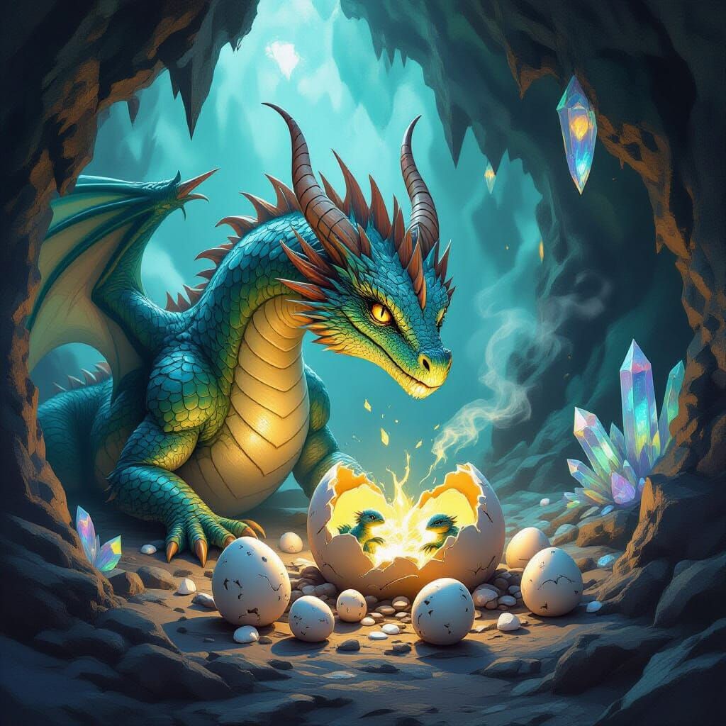Mother Dragon Guards Hatching Eggs in Crystal Cave