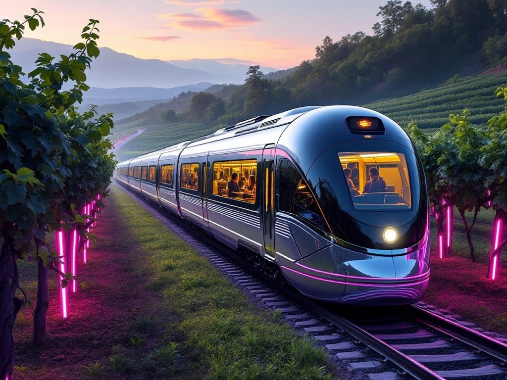 Sleek Chrome Train Cruises Futuristic Vineyard Under Neon Li...