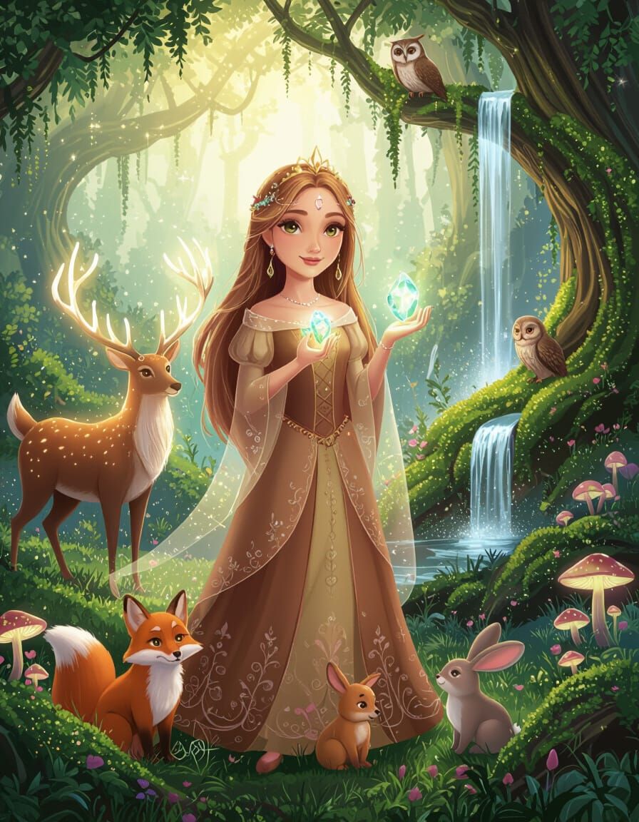 Enchanted Forest Princess with Spirit Deer in Ghibli Anime S...