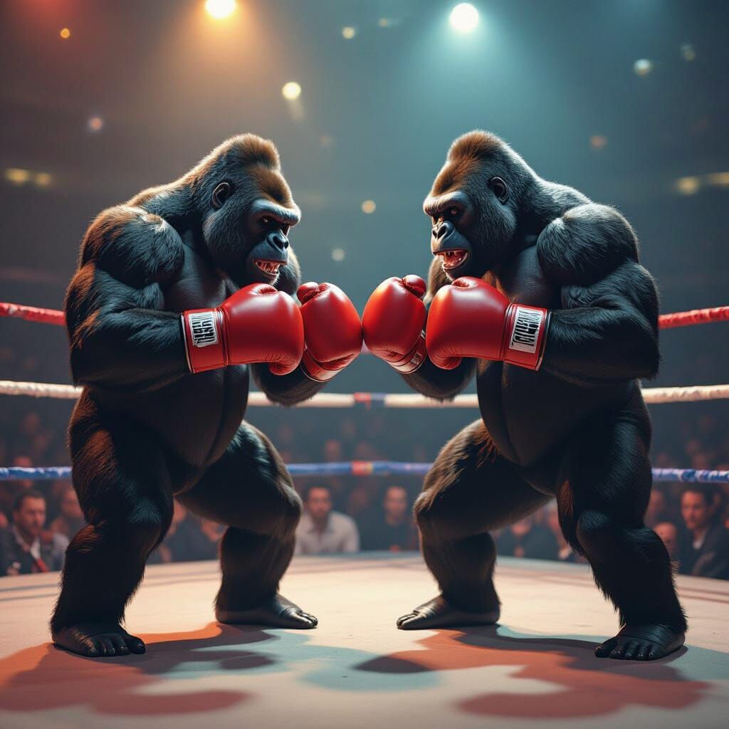 Gorillas Boxing in Dramatic Ring Lighting
