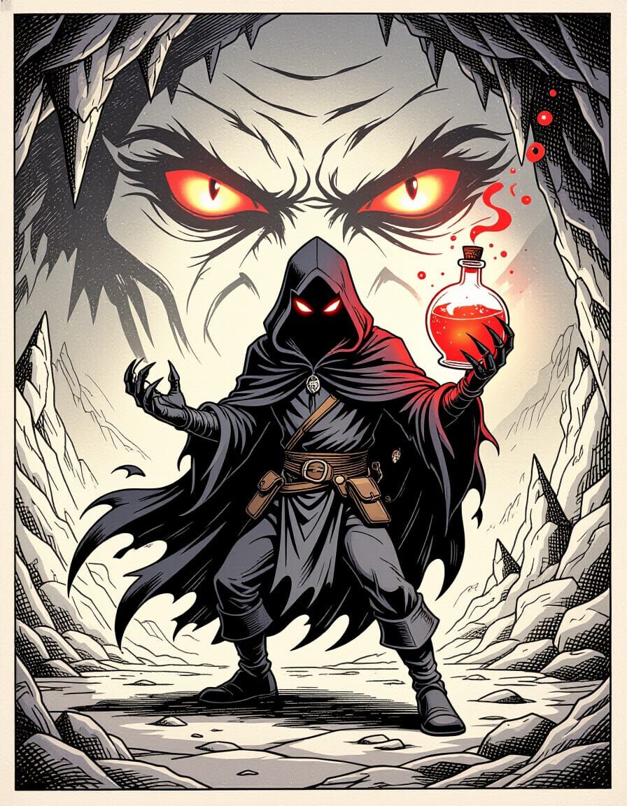 Shadow Man With Glowing Potion in Dark Cave