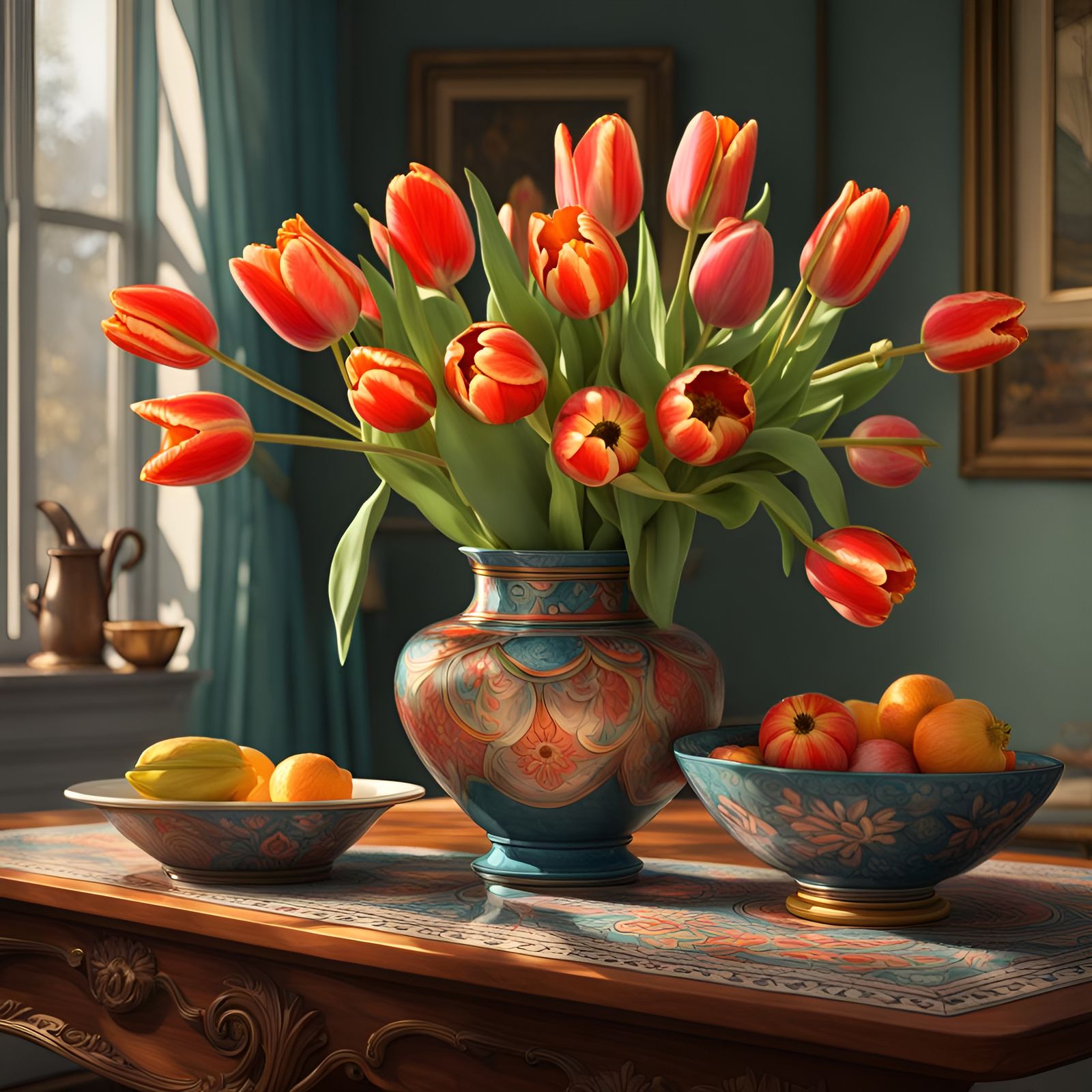1920s Living Room Still Life with Vibrant Tulips and Fruit