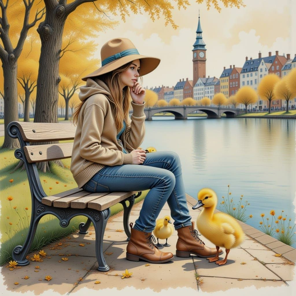 Girl with Ducklings: Ink and Watercolor Drawing