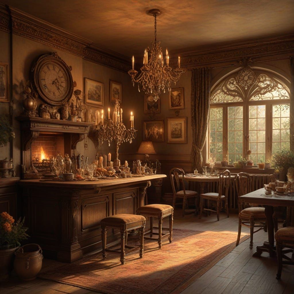 Enchanted Cafe With Anthropomorphic Objects in Oil Painting ...