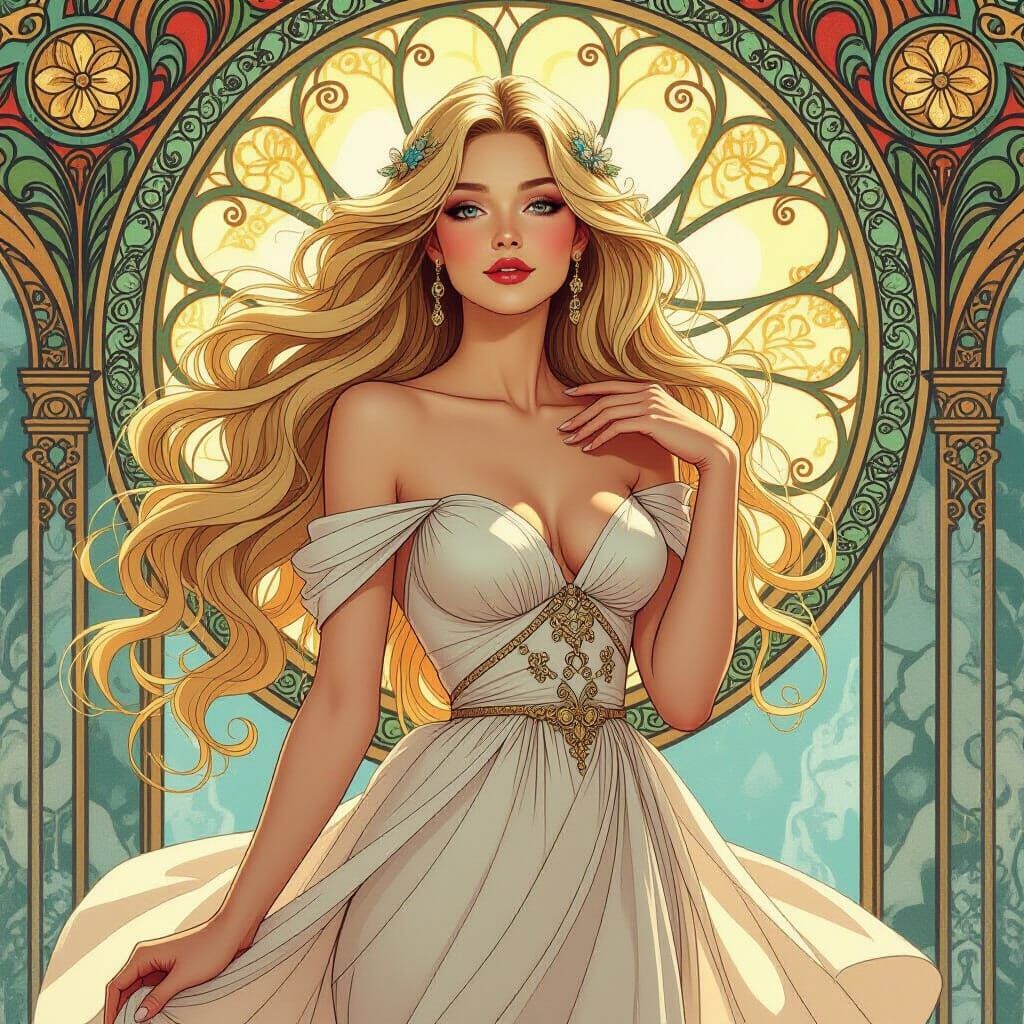 Elegant Woman with Flowing Blonde Hair in Art Nouveau Style