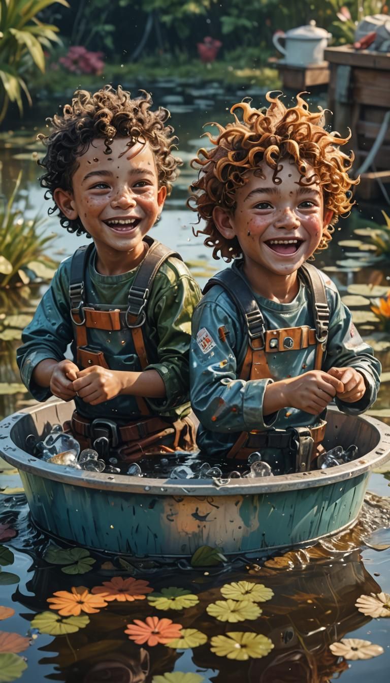 Futuristic Freckled Brothers Sailing in a Laundry Tub Boat