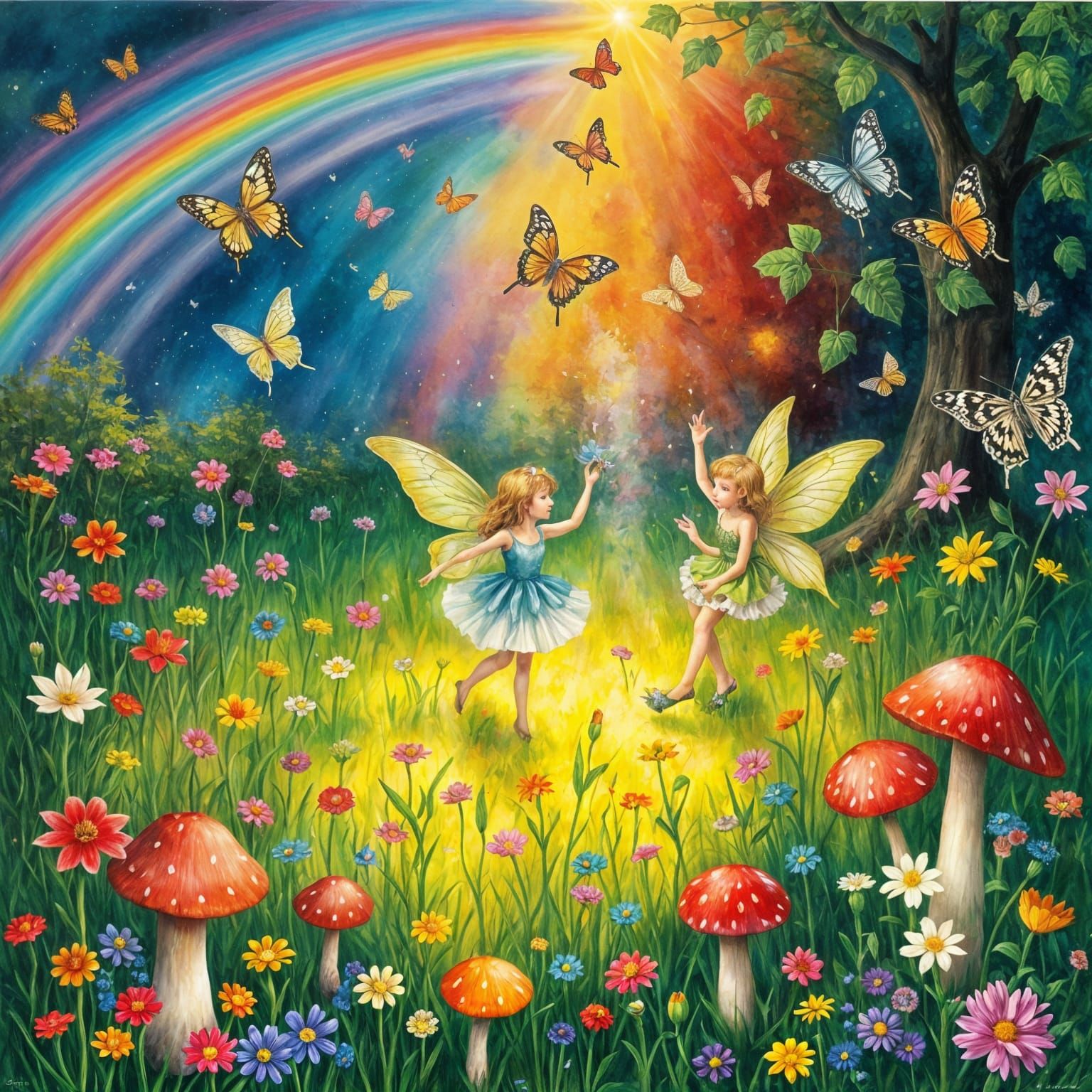 Vibrant Fairies Dance Amidst Spring Blooms and Rainbows