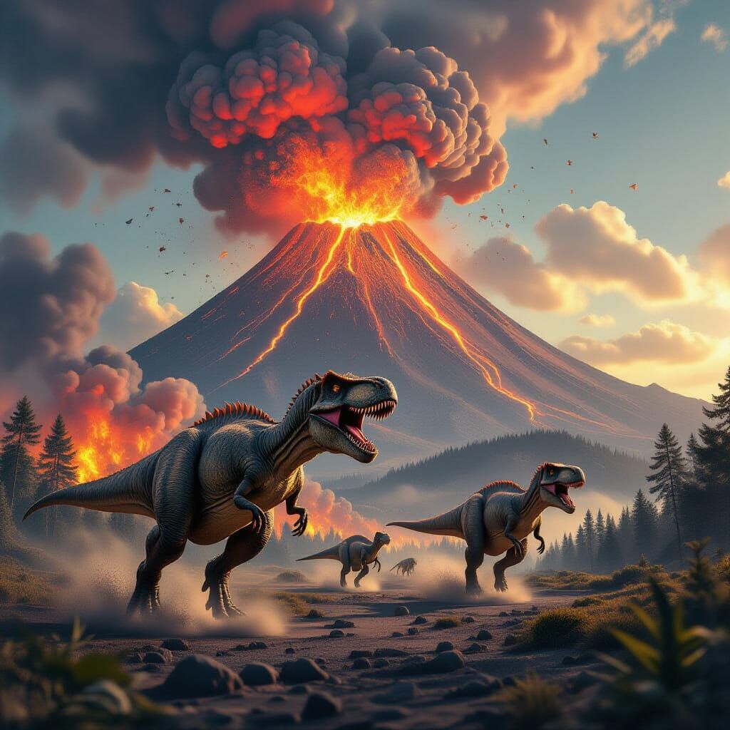 Dinosaurs Fleeing Volcano in Hyperrealistic Style