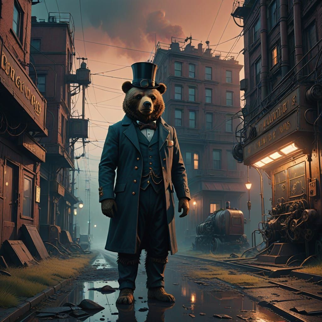 Steampunk Bear in Elegant Top Hat and Suit
