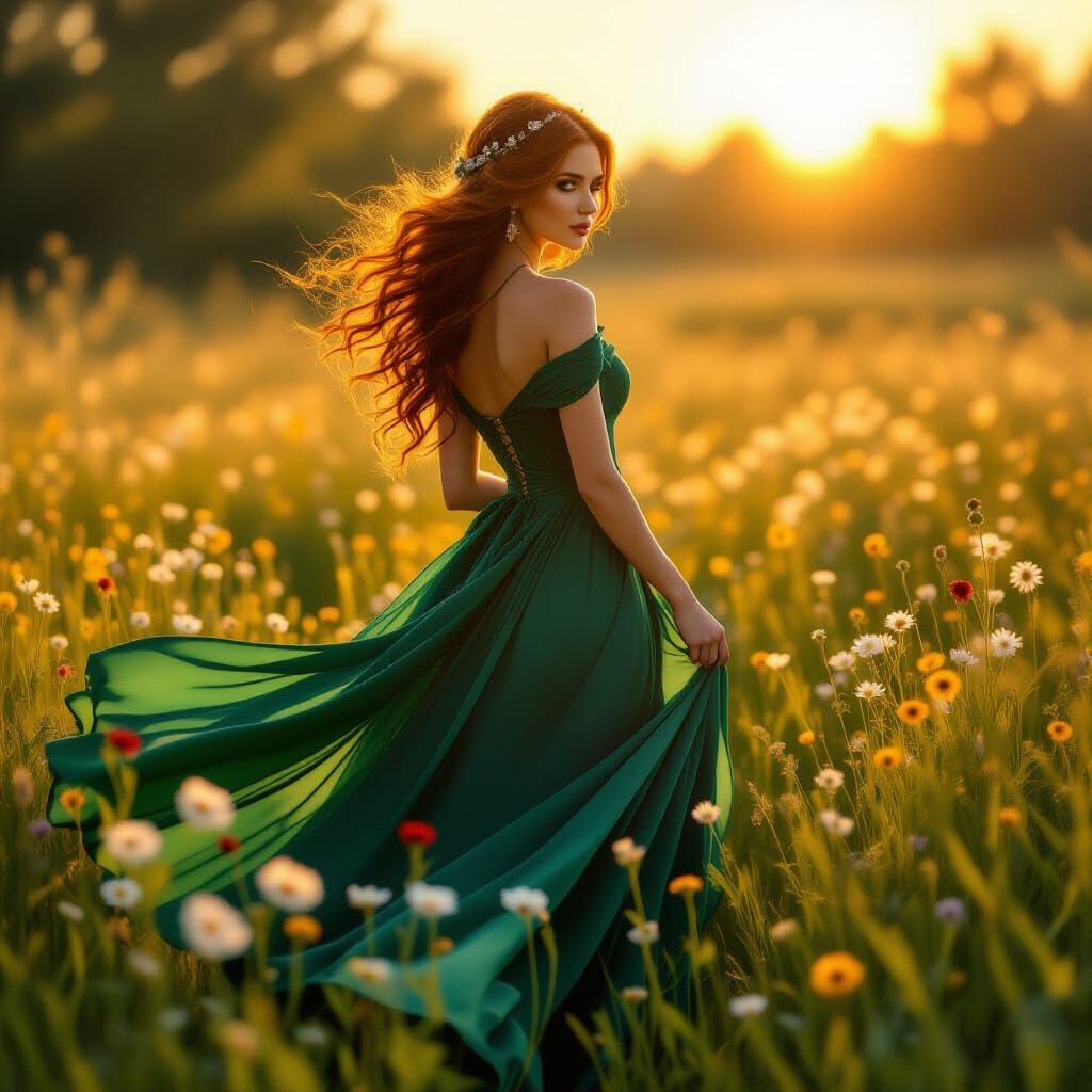 Ethereal Woman in Emerald Gown in Sunlit Meadow