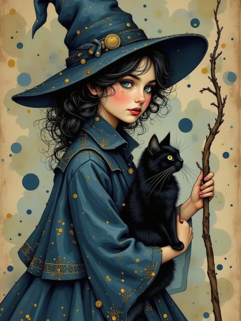 Fantasy Witch and Cat in Surreal Mixed-Media Art