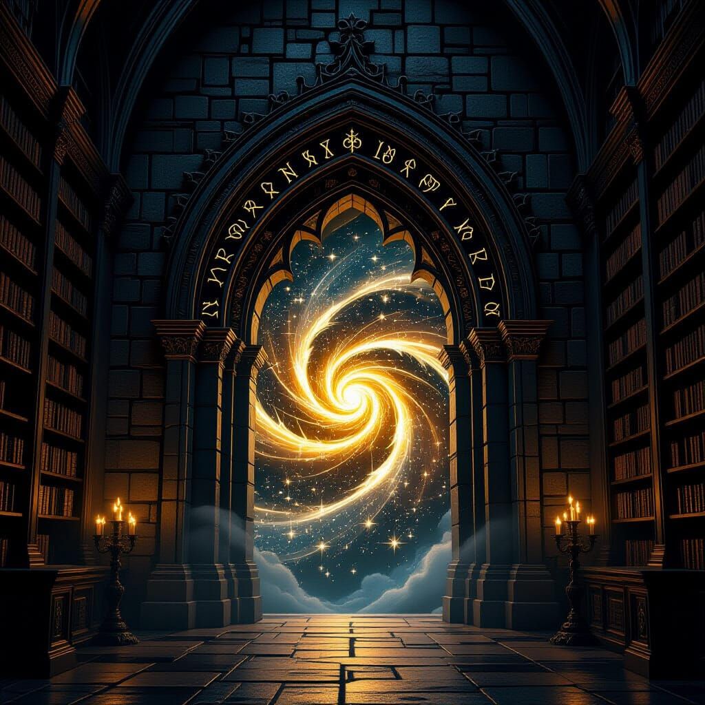 Gothic Portal to Stars in Candlelit Library