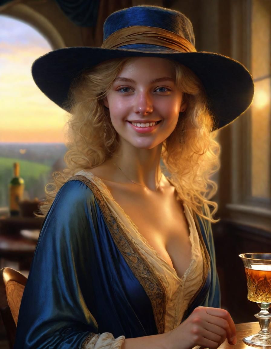 A Photorealistic Renaissance Woman Savoring a Drink in a Sun...
