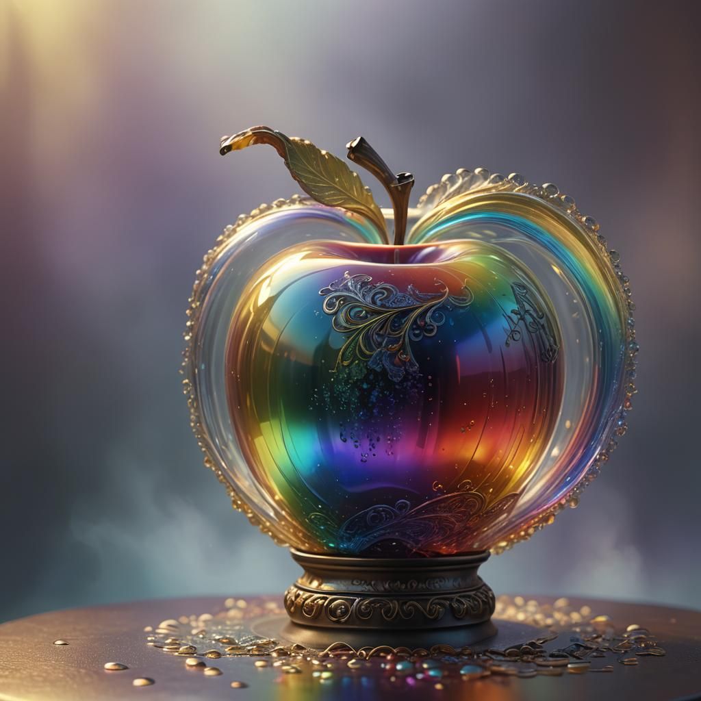 A Glowing Rainbow Glass Apple Radiates on a Vibrant Pedestal