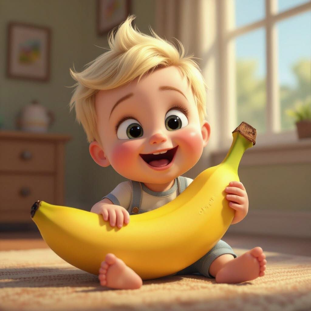 Baby Eating Giant Banana in Pixar Animation Style