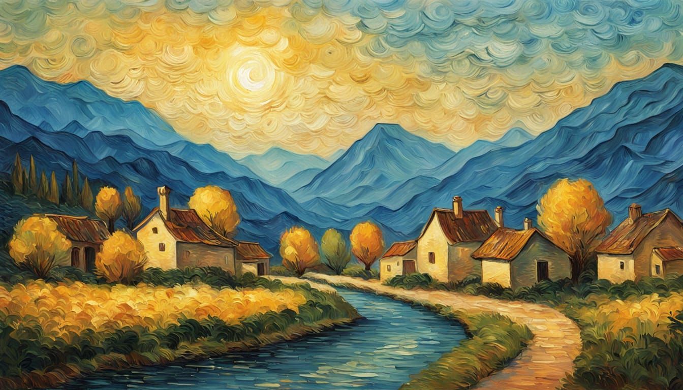 Mountain Village in Vibrant Post-Impressionist Style