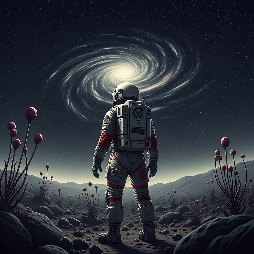 Astronaut on Alien Planet Gazing at Nebula