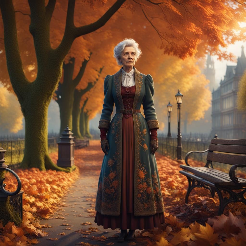 Aging Woman Surrounded by Autumnal Fantasy in Detailed Matte...