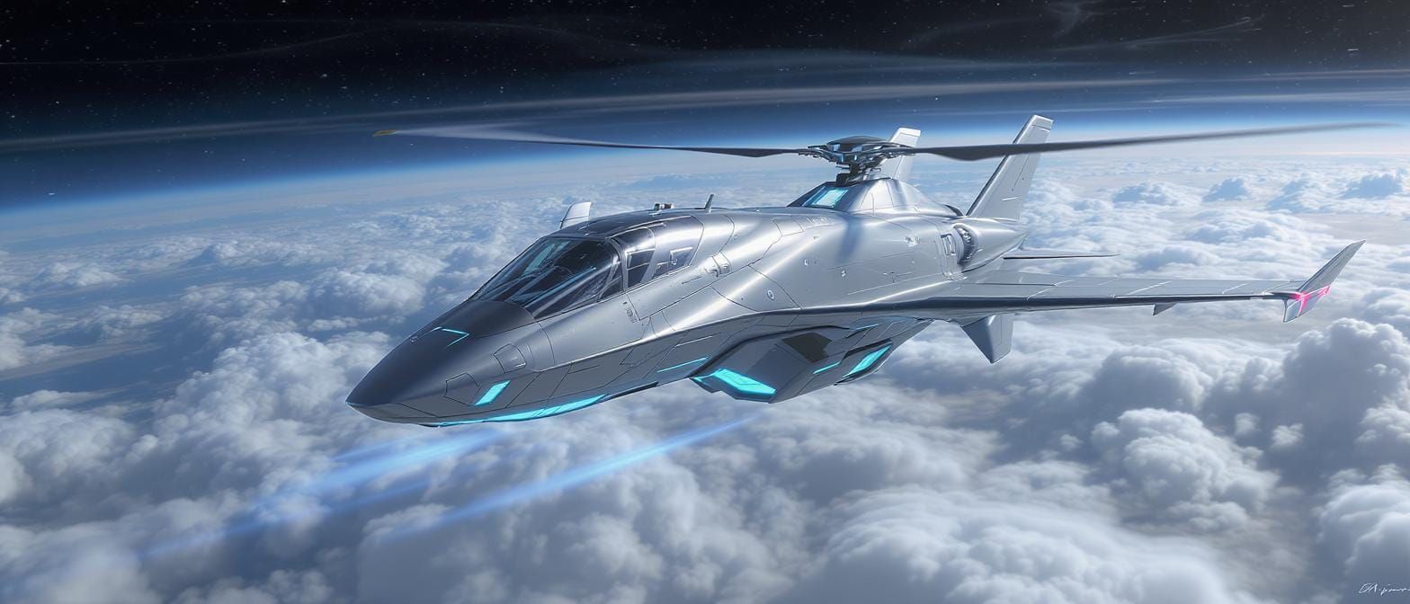 Futuristic Silver VTOL Air Transport Above Clouds