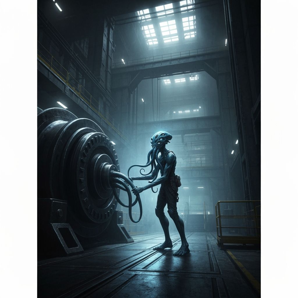 Dystopian Alien Worker in Metallic Exosuit