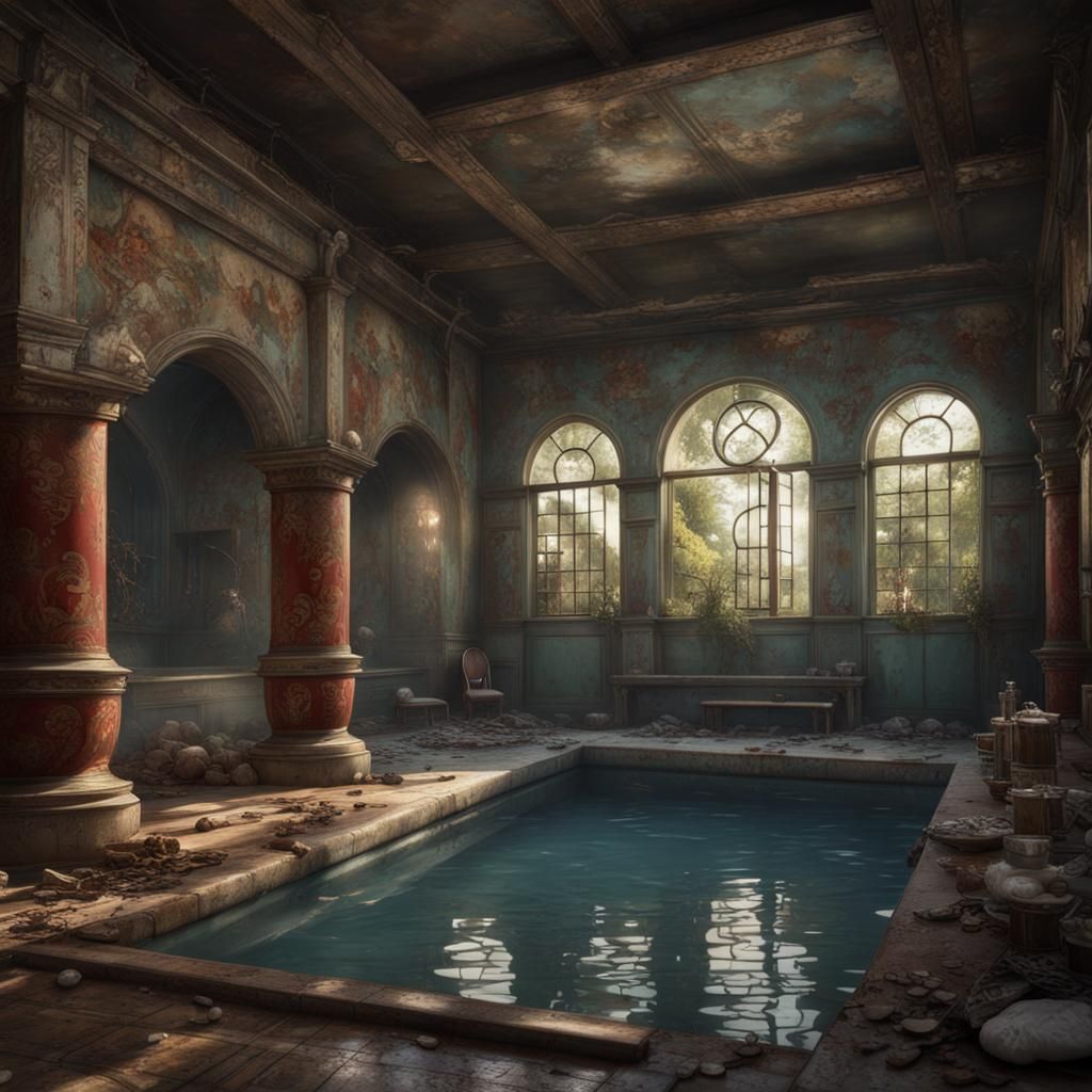 Fantastical Abandoned Bathhouse with Crumbling Walls and Int...