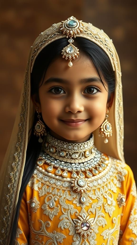 Elegant 8-Year-Old Girl in Vibrant Indian Eid Dress with Cry...