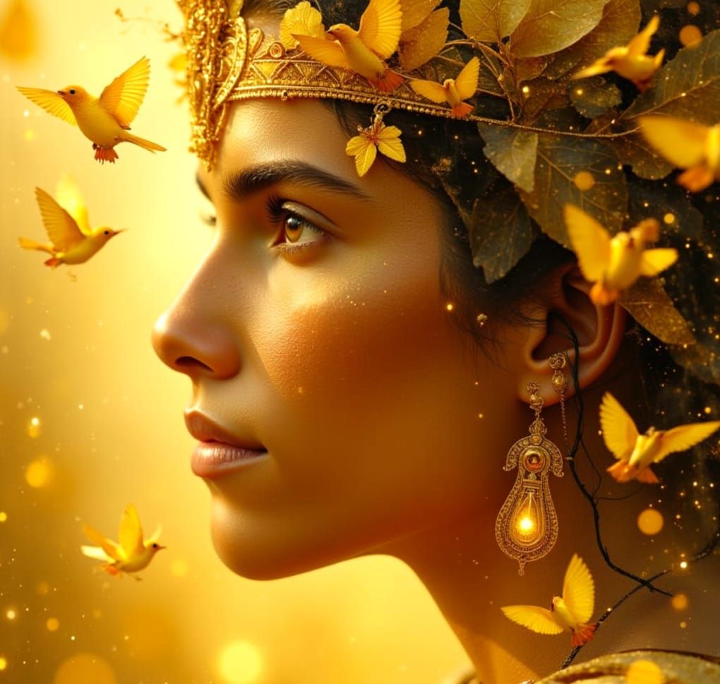 Apollo Portrait with Harp and Golden Birds