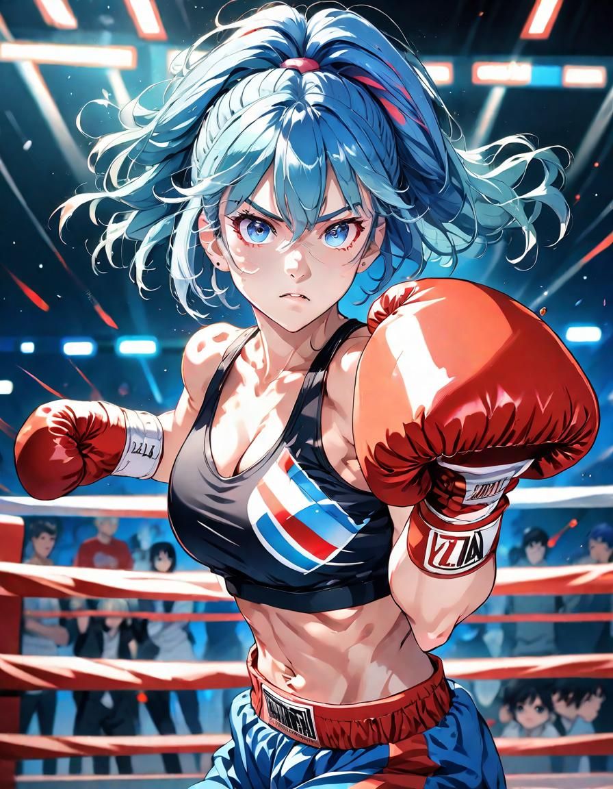 Sensational Blue-Haired Boxer Throws Punch in Vibrant Anime...