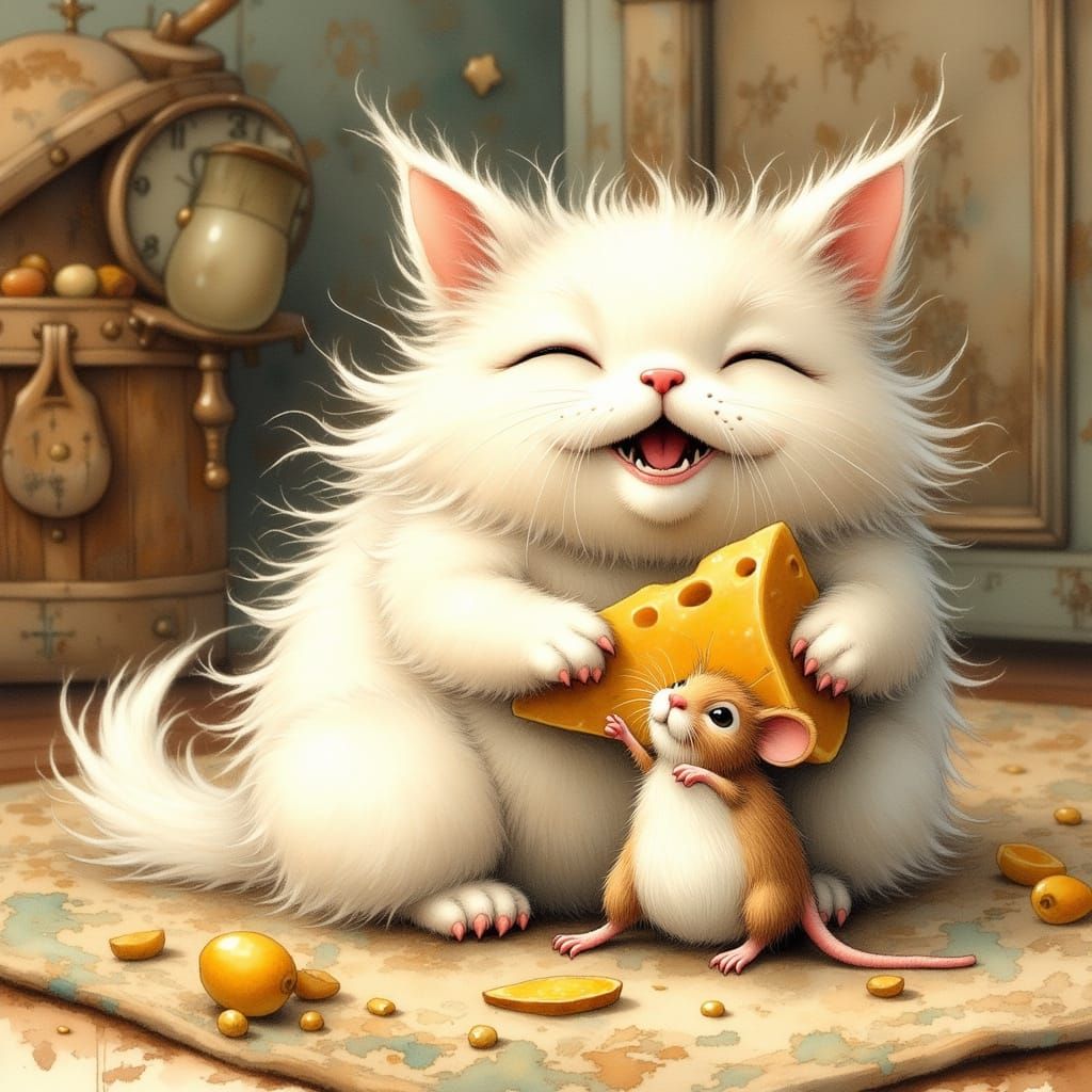 Whimsical Cat Scene in Dreamlike Watercolor Style